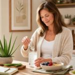 Donna in cucina che mescola un bicchiere d’acqua con aloe e fa colazione con una ciotola di frutta e cereali