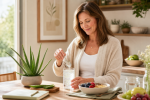 Donna in cucina che mescola un bicchiere d’acqua con aloe e fa colazione con una ciotola di frutta e cereali