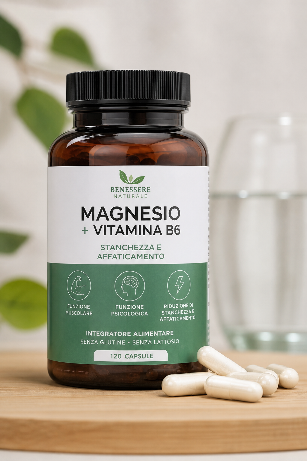 Flacone di integratore alimentare Magnesio + Vitamina B6 con 120 capsule, per