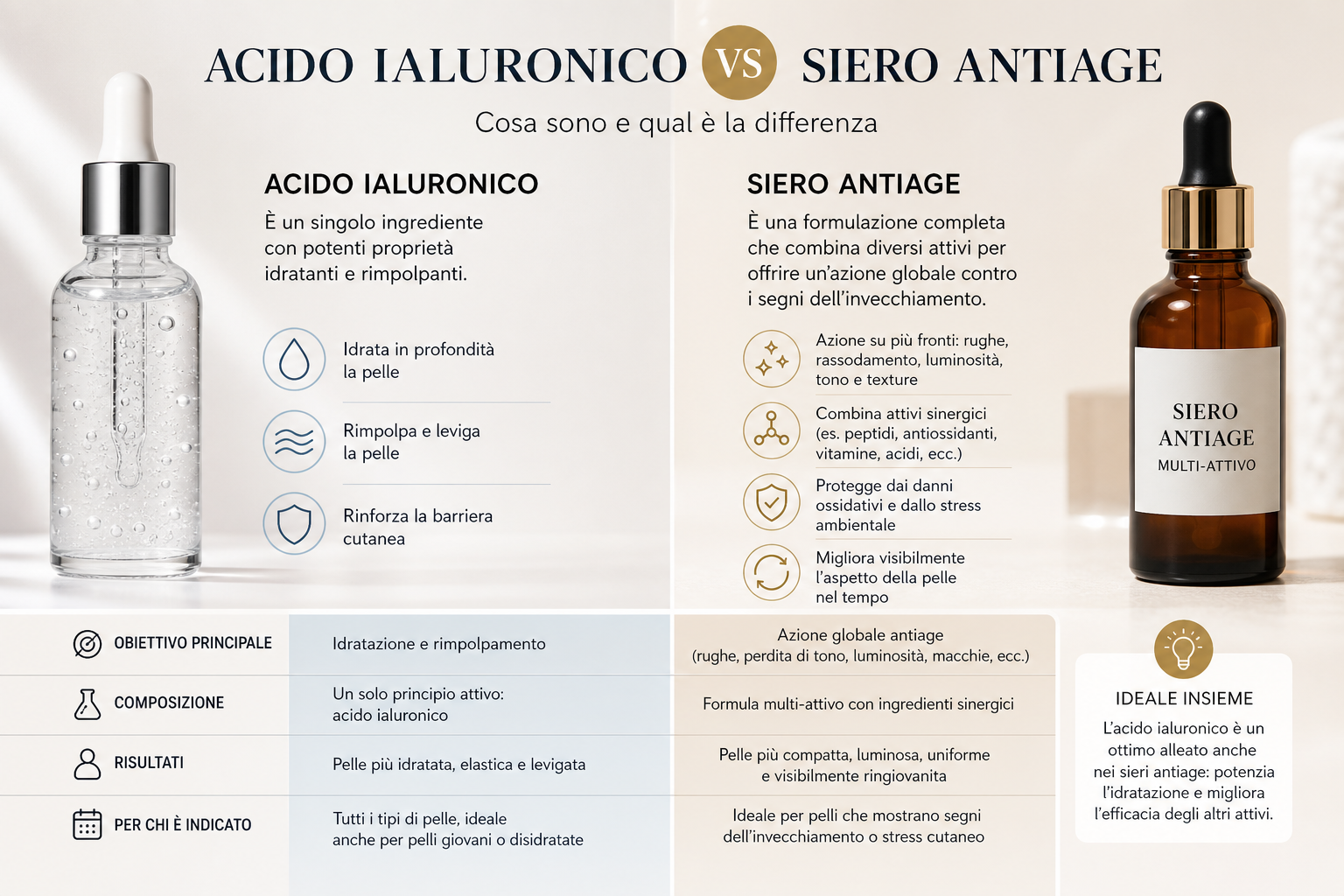 Infografica comparativa tra acido ialuronico e siero antiage, con benefici,