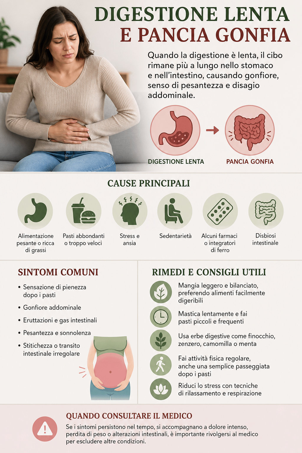 Infografica su digestione lenta e pancia gonfia: cause, sintomi, rimedi e