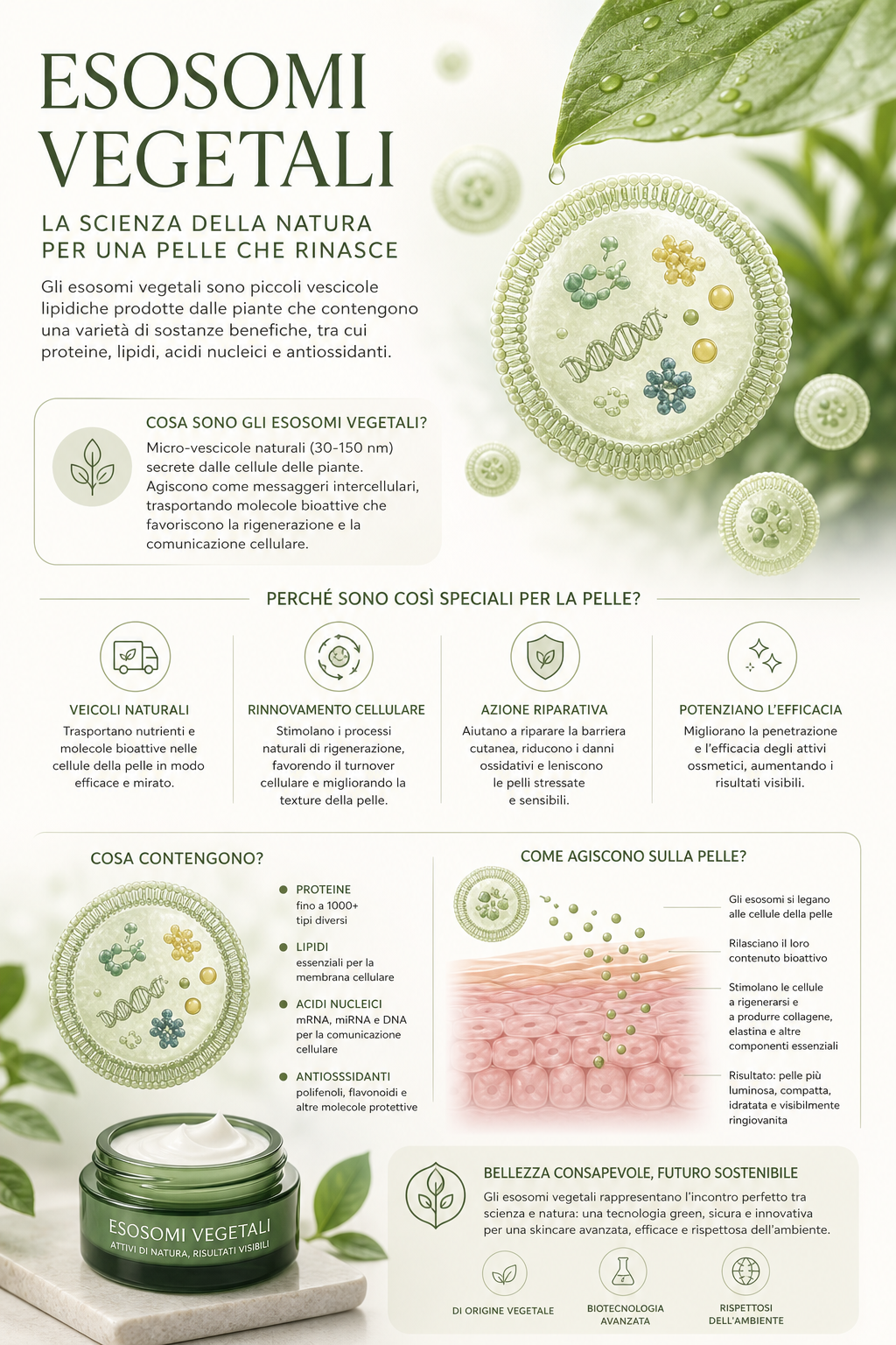 Infografica sugli esosomi vegetali e i loro benefici per la pelle, con