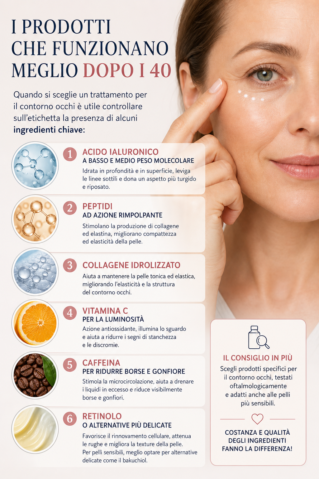 Infografica sui prodotti per il contorno occhi più adatti dopo i 40 anni, con