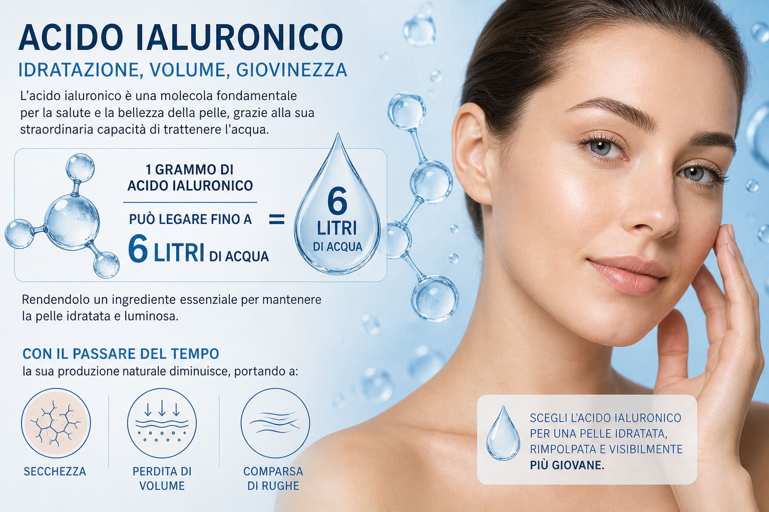 Infografica sull’acido ialuronico: idratazione, volume e giovinezza della