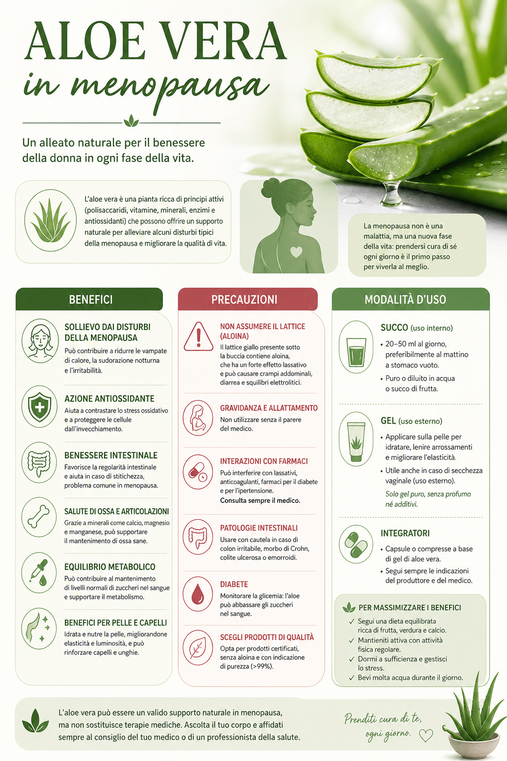 Infografica sull’aloe vera in menopausa con benefici, precauzioni e modalità