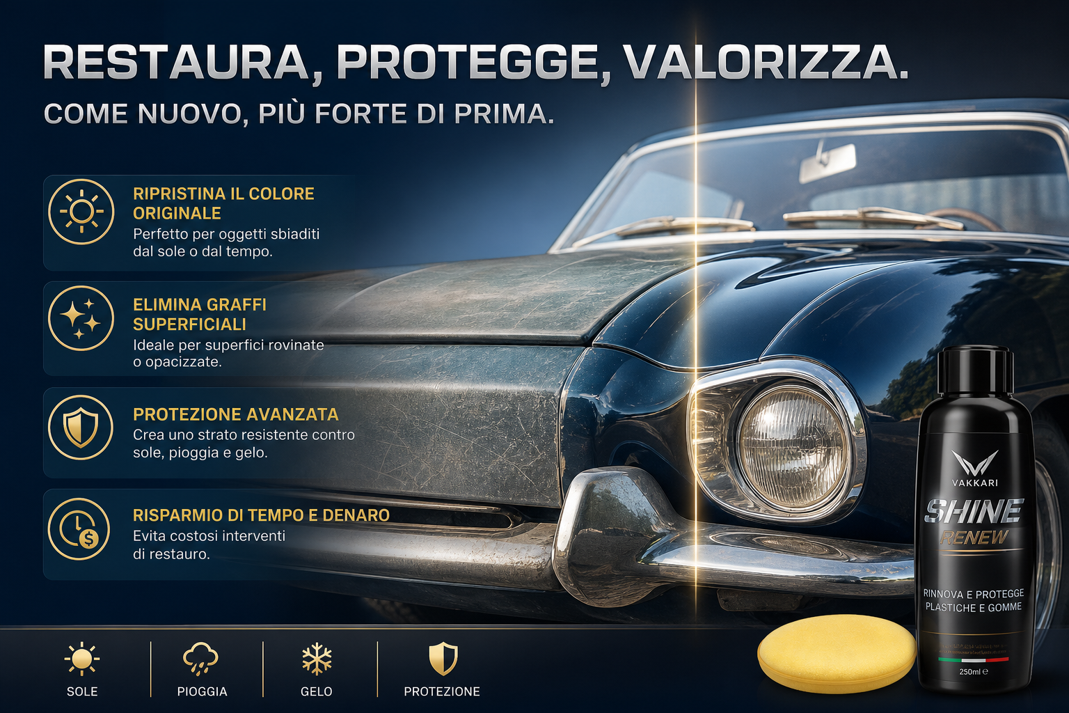 Pubblicità di un prodotto per restaurare e proteggere superfici: auto d’epoca