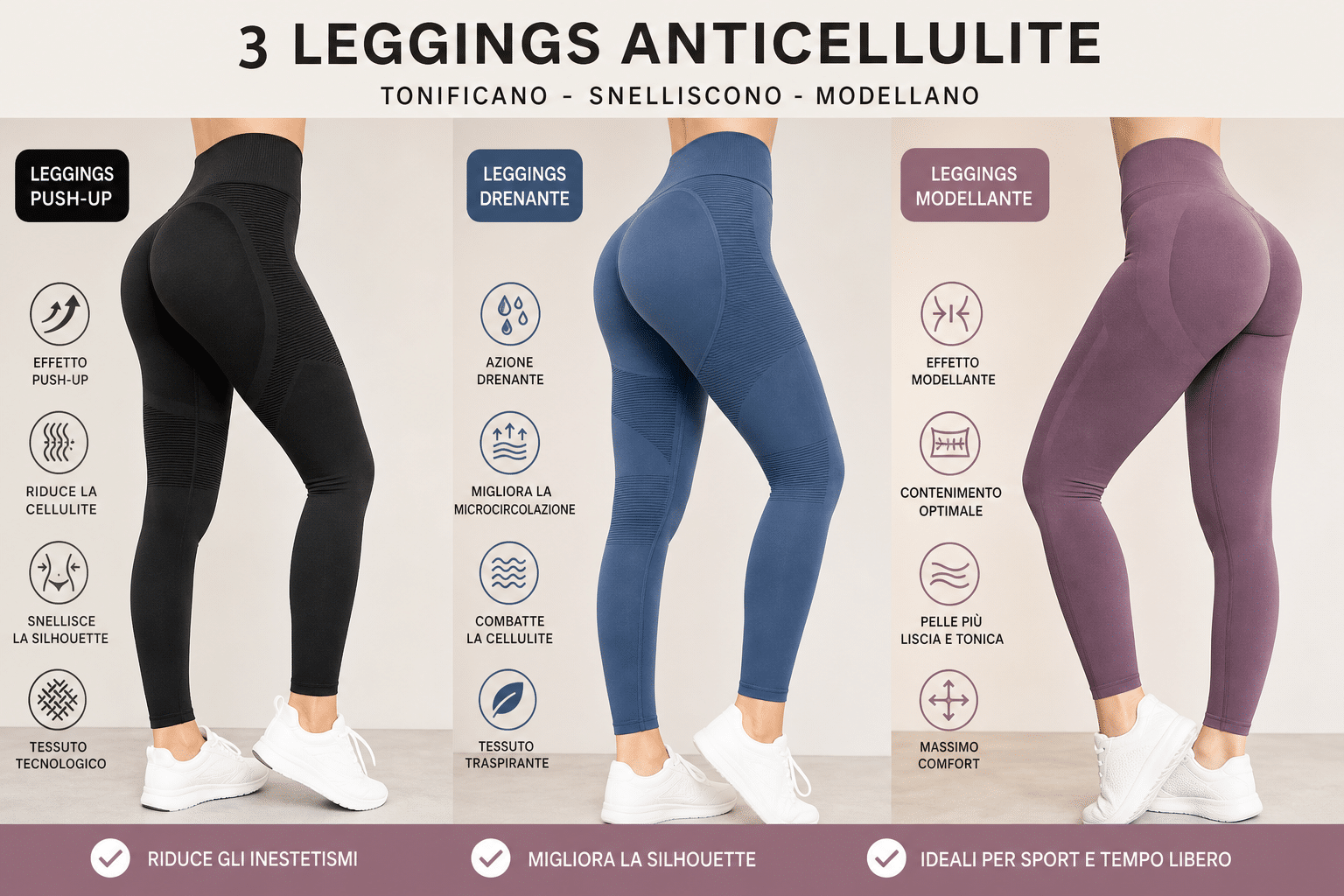 Tre leggings anticellulite: push-up, drenanti e modellanti, con benefici e
